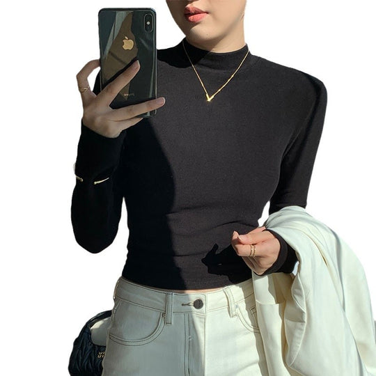 Damen Langarm Crop-Top mit hohem Kragen und figurbetontem Schnitt