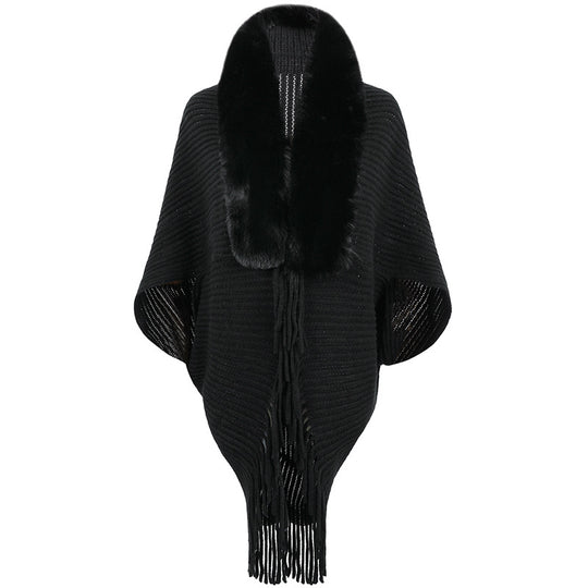 Damen luxuriöser Strickponcho mit elegantem Kunstfellkragen und Fransen R&B
