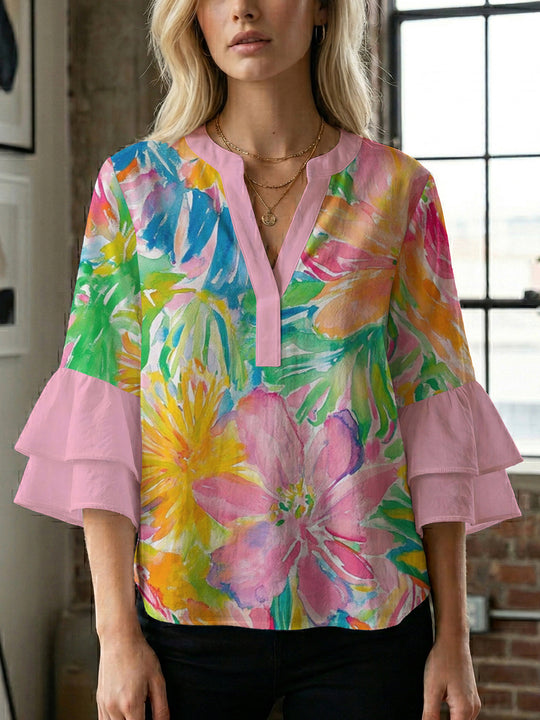 Damen Bluse mit voluminösen Rüschenärmeln und floralem Muster R&B