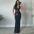 Damen Maxikleid mit durchscheinendem Oberteil und dekorativem Gürtel R&B