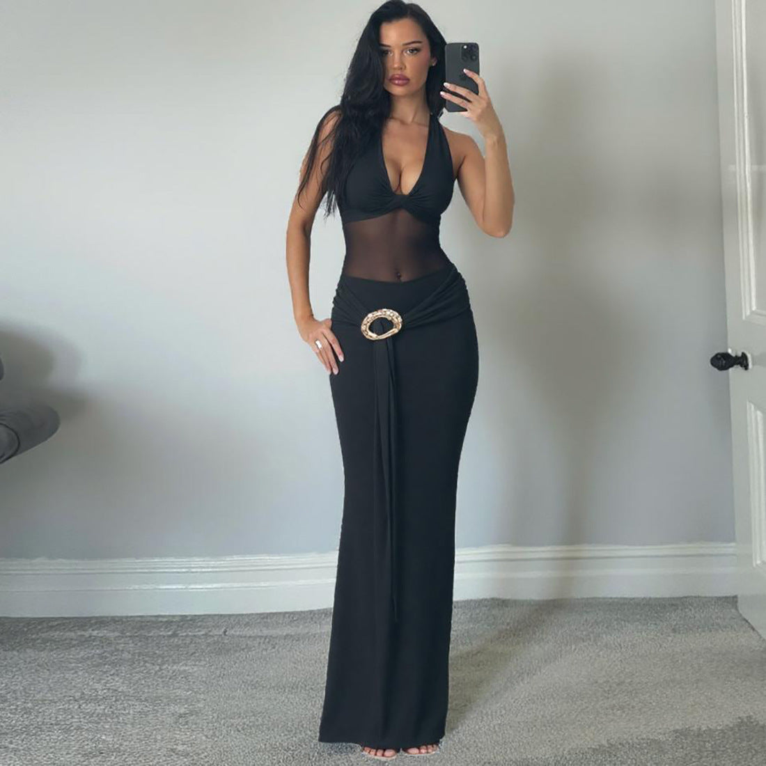 Damen Maxikleid mit durchscheinendem Oberteil und dekorativem Gürtel R&B
