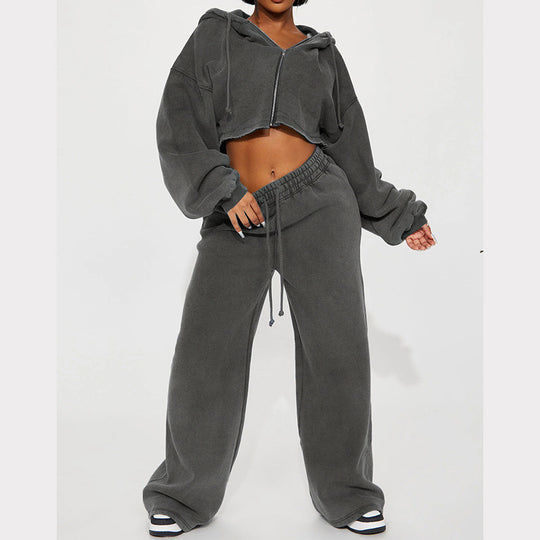 Damen lässiges Fleece-Set mit kurzem Hoodie und weiten Hosen R&B