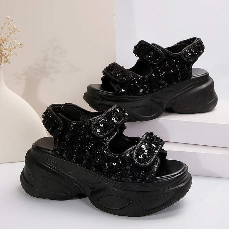 Damen Glamouröse Plateau-Sandalen mit verstellbaren Riemen und funkelnden Applikationen