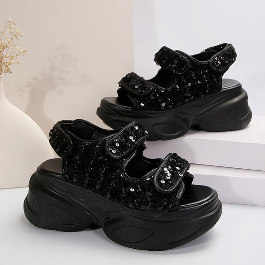 Damen Glamouröse Plateau-Sandalen mit verstellbaren Riemen und funkelnden Applikationen R&B