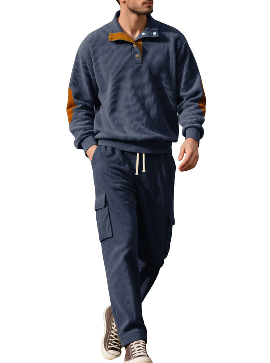 Herren nan strukturierter Troyer-Pullover mit Stehkragen Druckknopfleiste und Velours-Ellenbogenpatch R&B