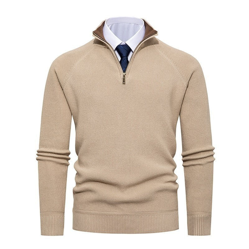 Herren nan feiner Strickpullover mit Halbzip, strukturierter Rippoptik und innen kontrastiertem Stehkragen R&B
