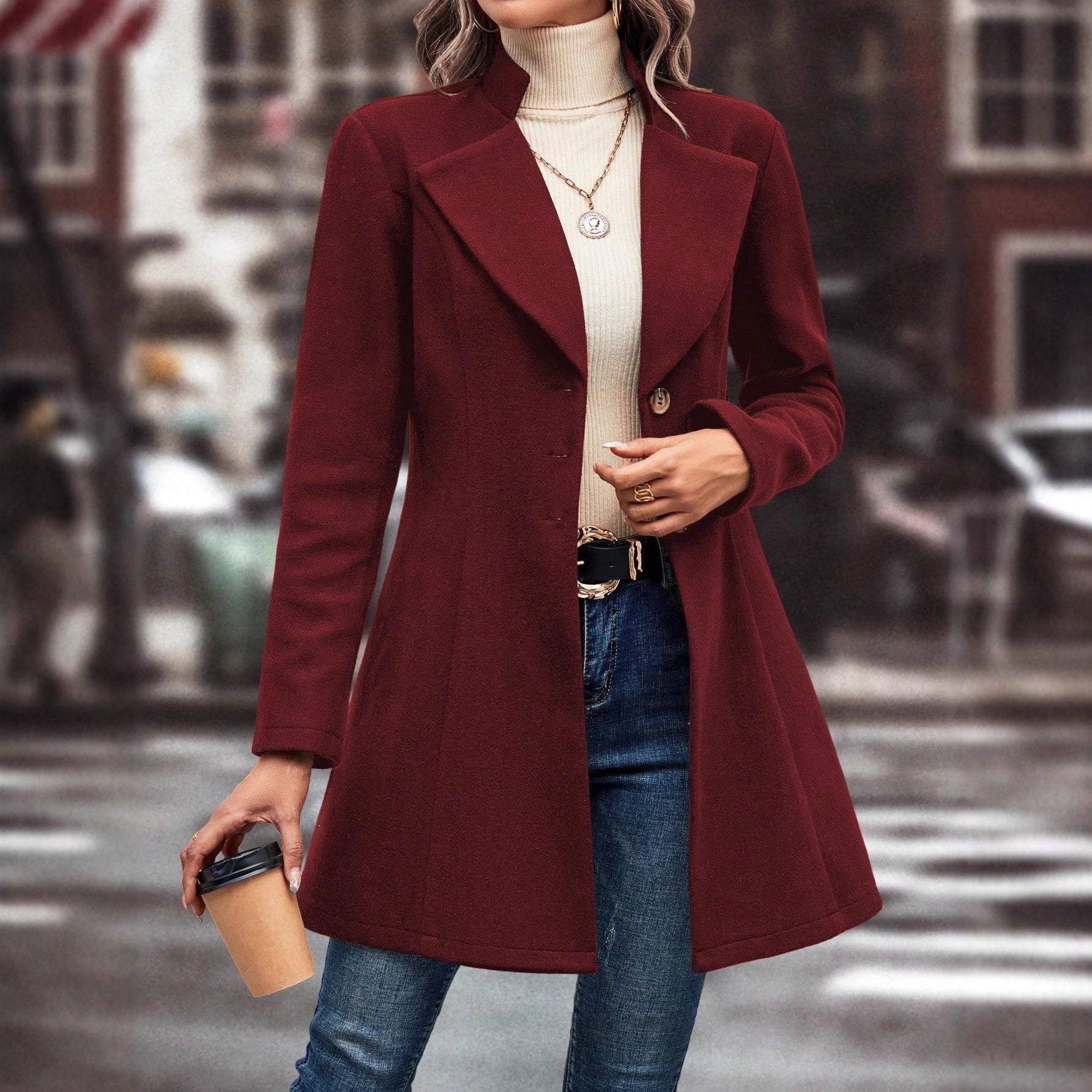 Damen eleganter Langblazer mit modernem Kragen und tailliertem Schnitt R&B