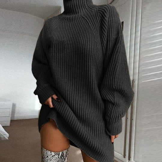 Damen Strickpullover mit hohem Kragen und asymmetrischem Saum R&B