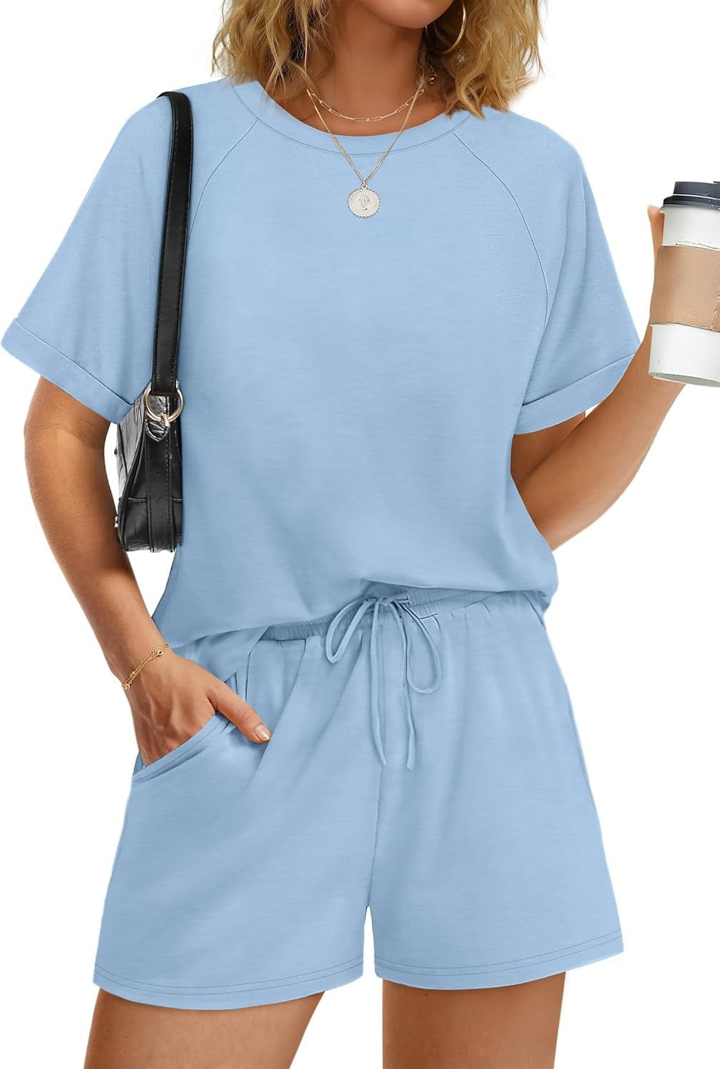 Damen lässiger Kombi aus T-Shirt und Shorts mit elastischem Bund R&B
