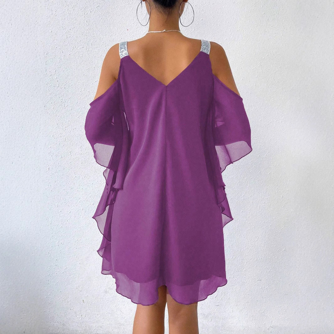 Damen schulterfreies Flatterkleid mit glitzernden Trägern R&B