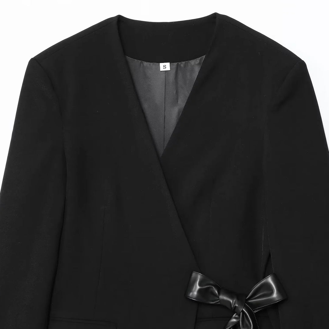 Damen elegante Wickeljacke mit dekorativem Satin-Bindeband R&B