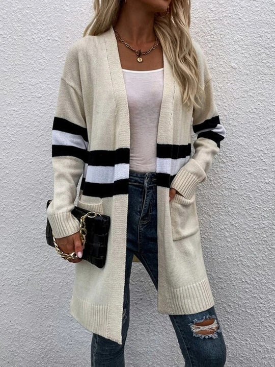 Damen Strickcardigan mit sportlichen Streifen und offenen Taschen R&B
