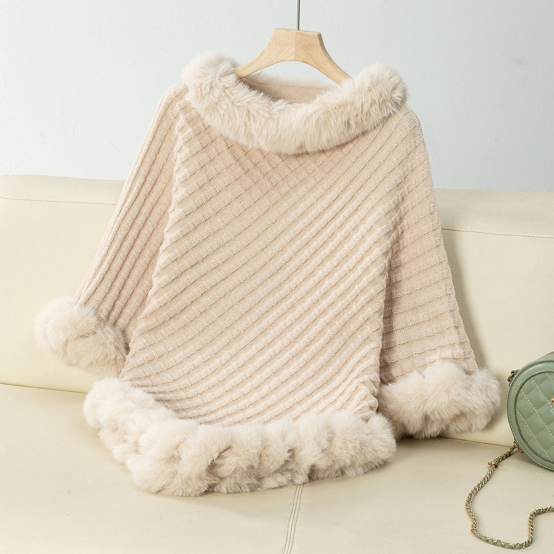 Damen kuschelige Strickdecke mit luxuriösem Kunstfellbesatz R&B