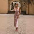 Damen Satin-Maxikleid mit tiefem V-Ausschnitt und eleganten Trägern R&B