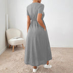 Damen lässiges Maxikleid mit elastischem Taillenbund und Rundhalsausschnitt R&B