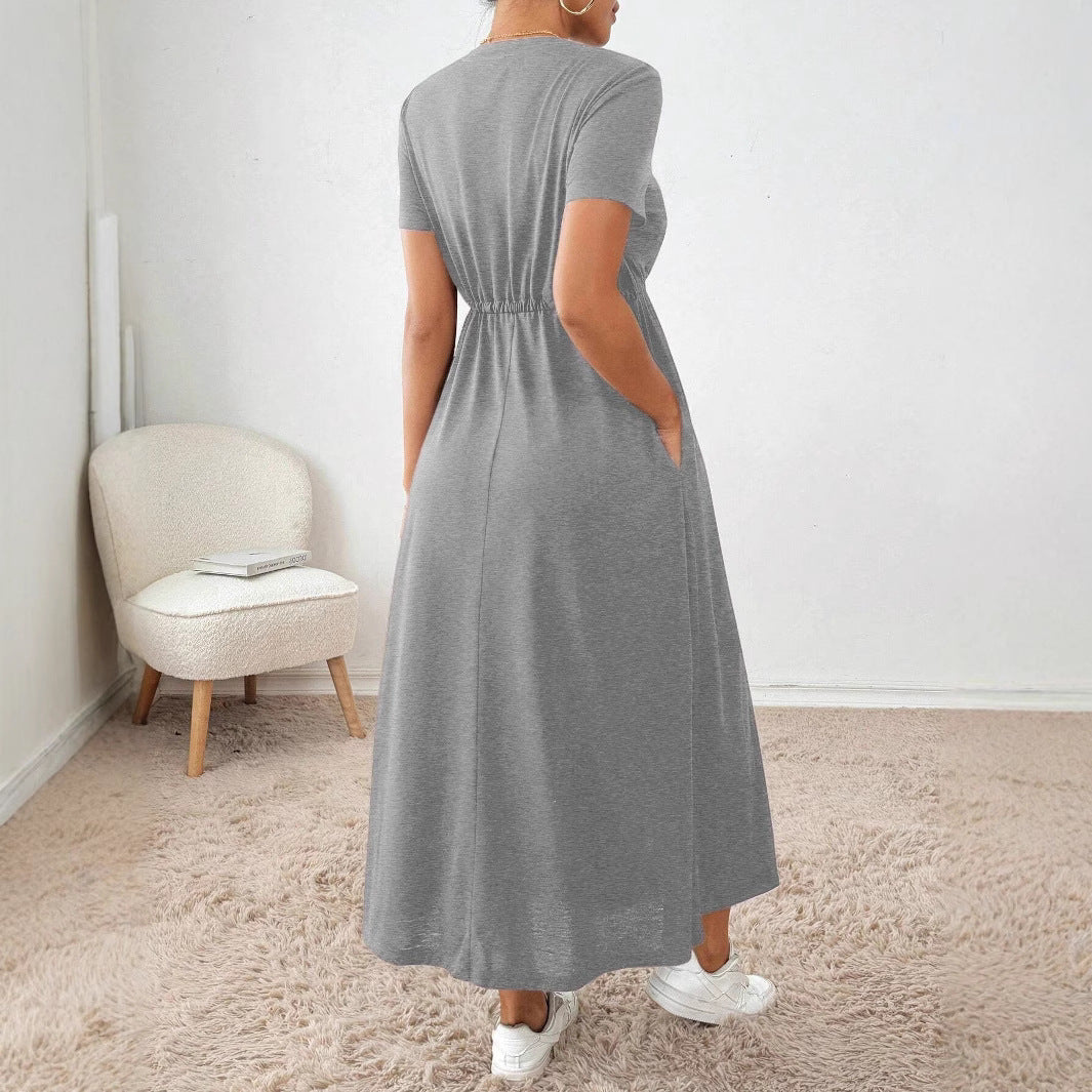 Damen lässiges Maxikleid mit elastischem Taillenbund und Rundhalsausschnitt R&B
