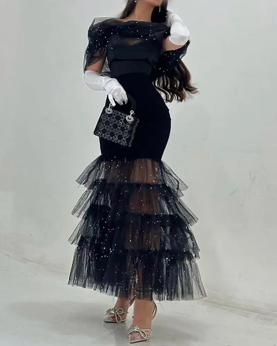 Damen Elegantes Abendkleid mit schimmernden Tülllagen und transparenter Schulterpartie R&B
