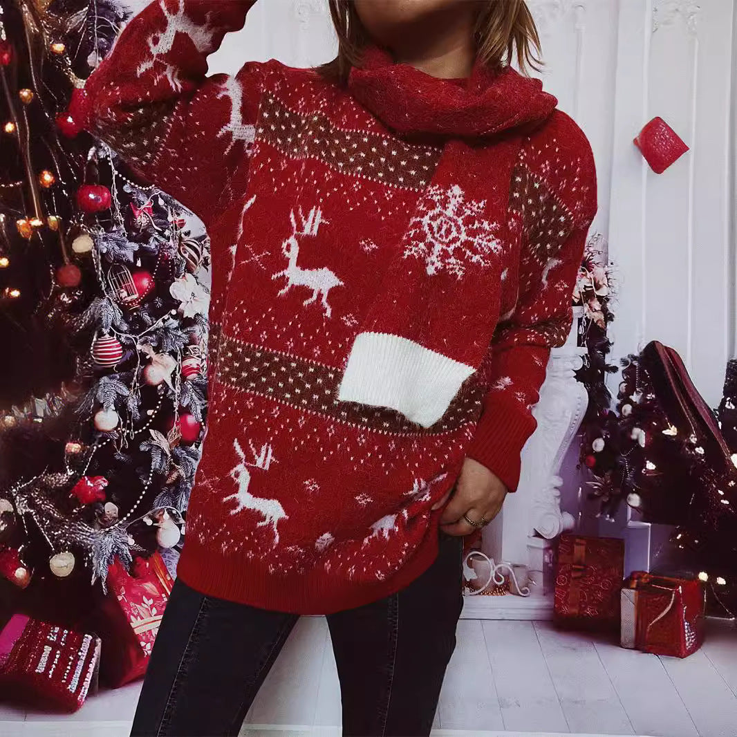 Damen Strickpullover mit festlichem Rentier-Motiv und hohem Kragen R&B