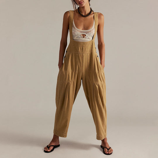 Damen lässiger Denim Overall mit tiefem V-Ausschnitt und praktischen Taschen R&B