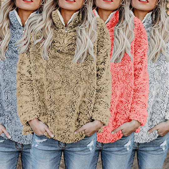 Damen Flauschige Fleece-Pulloverjacke mit hohem Kragen und Reißverschluss R&B