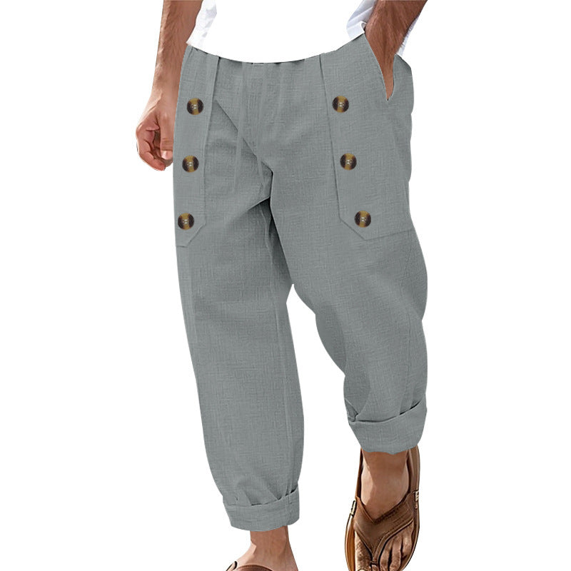 Herren lässige Leinen-Cargo-Hose mit praktischen Knöpfen und seitlichen Taschen R&B