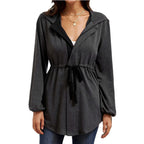 Damen lässige Oversized-Hemdjacke mit Kapuze und Taillenzug R&B