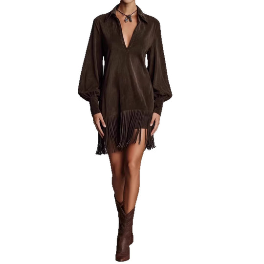 Damen Tunika-Kleid mit Fransen und V-Ausschnitt R&B