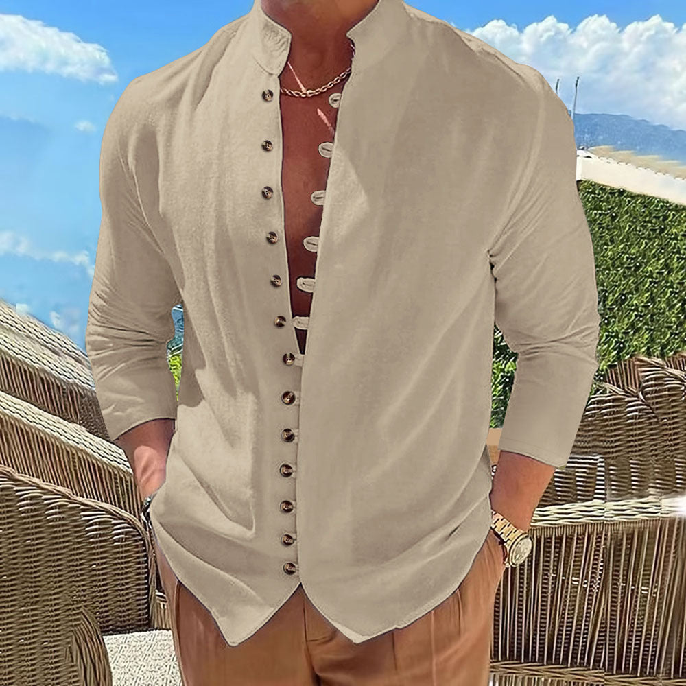 Herren Hemd mit chinesischem Kragen und dekorativer Knopfleiste R&B