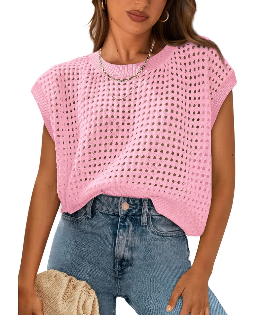 Damen luftiger Grobstrickpullover mit modernem Lochmuster R&B