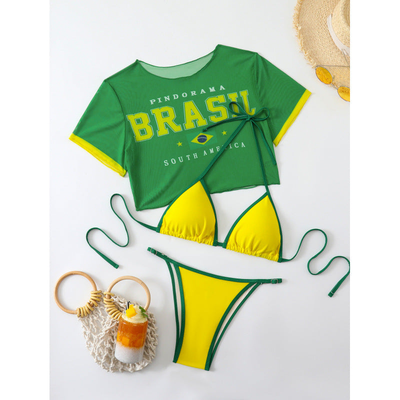 Damen Crop-Top Bikini-Set mit sportlichem Schnitt und Brasil-Print R&B