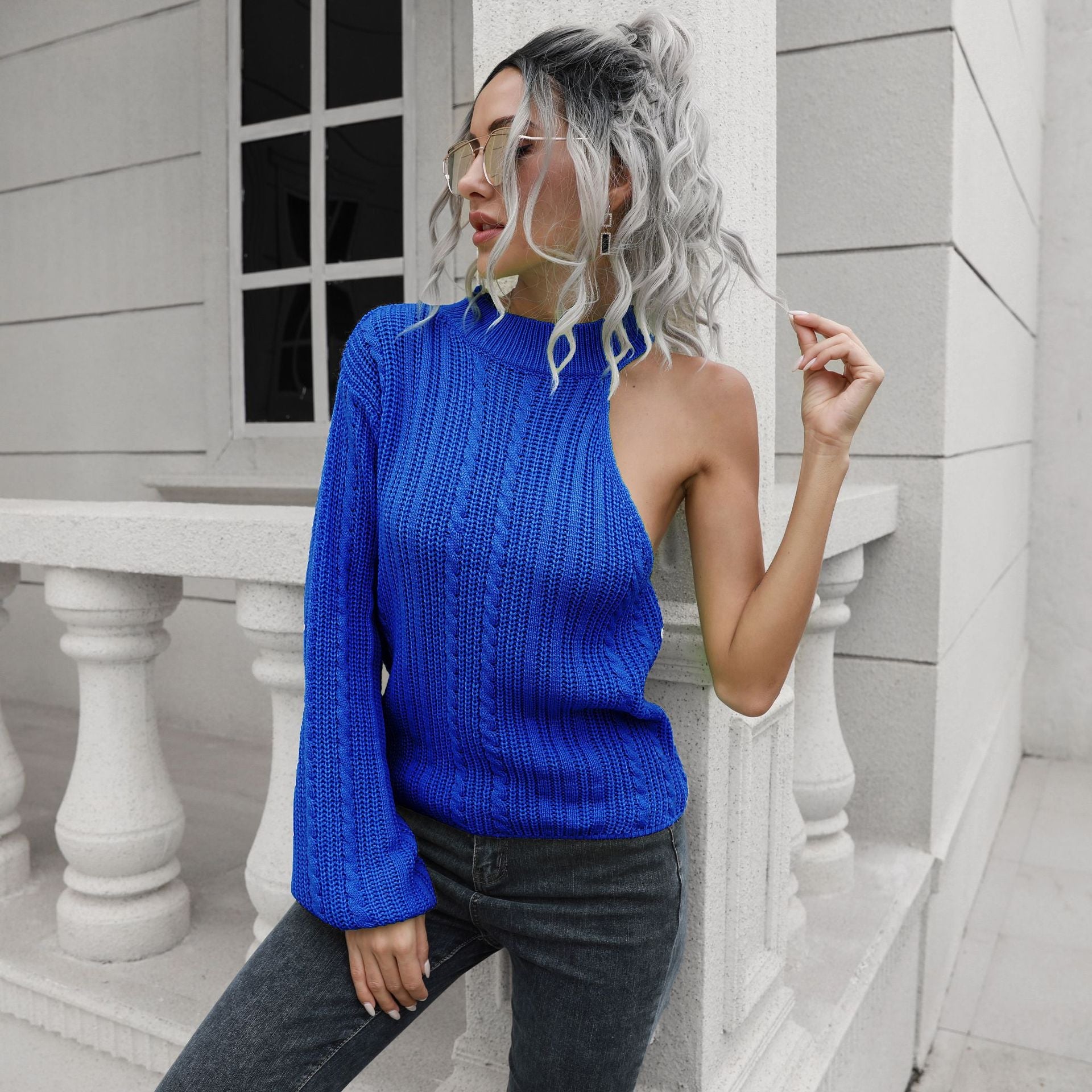 Damen Strickpullover mit asymmetrischem Ausschnitt und hohem Kragen R&B