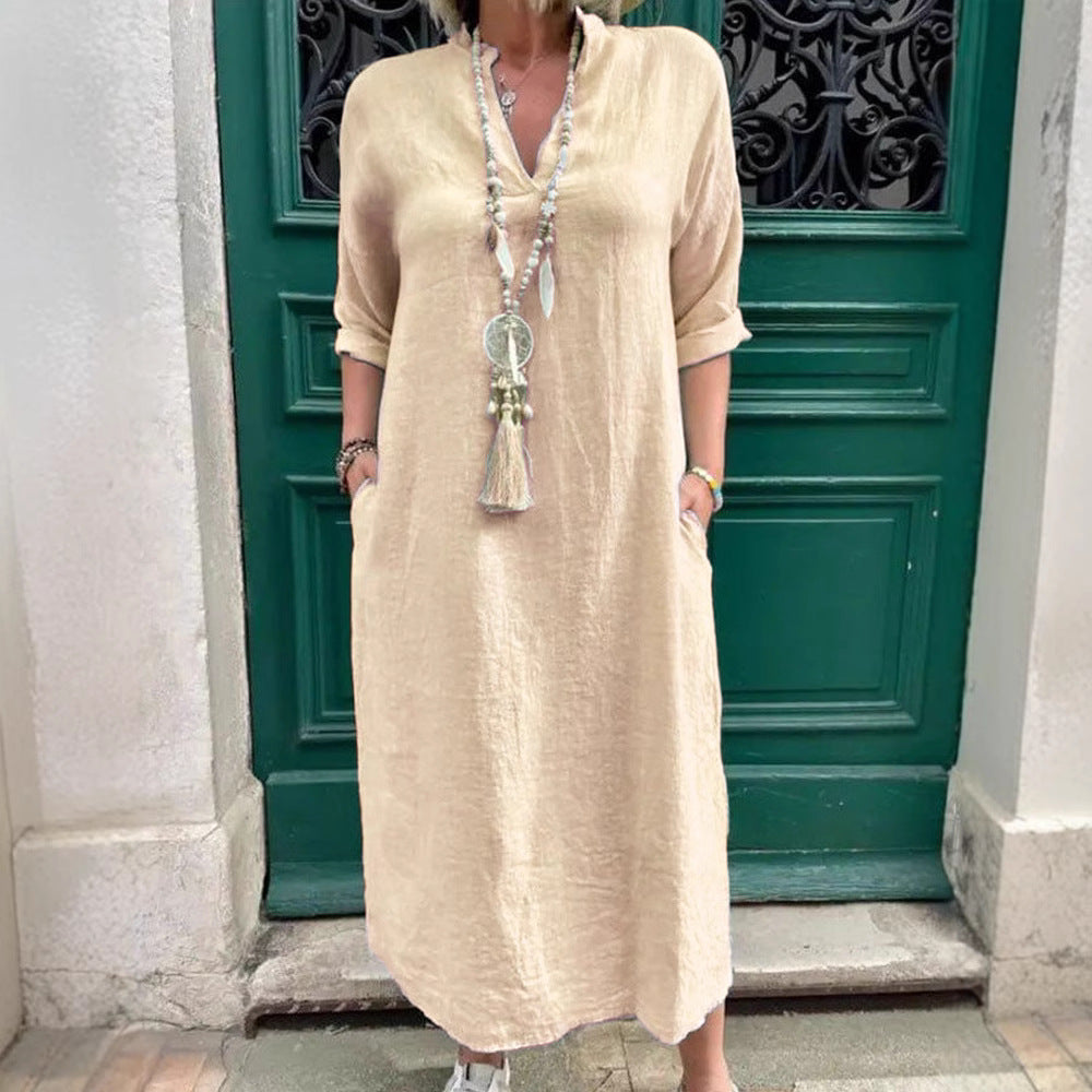 Damen Lässiges Kaftan-Kleid mit seitlichen Taschen und modischem V-Ausschnitt R&B