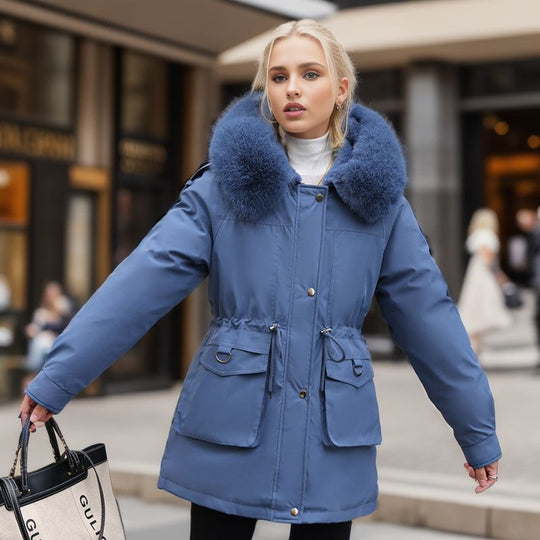 Damen warme Winterjacke mit abnehmbarem Pelzkragen R&B
