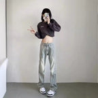 Damen weite High-Waist Denim-Jeans mit distressed Optik und bequemen Seitentaschen