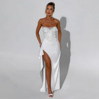 Damen Elegantes Abendkleid mit schimmerndem Oberteil und hohem Schlitz