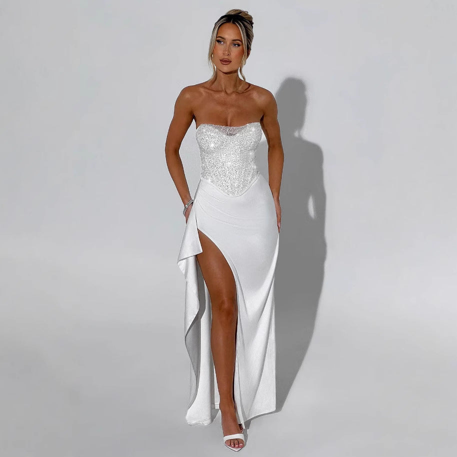 Damen Hochgeschlossenes Abendkleid mit transparentem Oberteil und seitlichem Schlitz EB