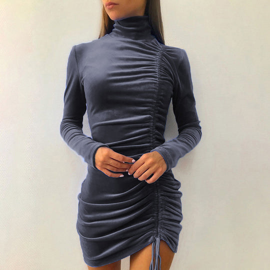 Damen figurbetontes Samtkleid mit Stehkragen und Raffung R&B