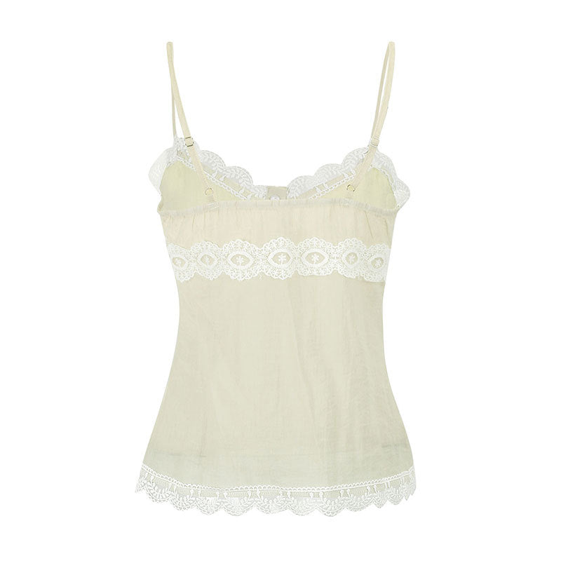 Damen Spaghettiträger Bluse mit Spitzenakzenten und Knopfdetail R&B