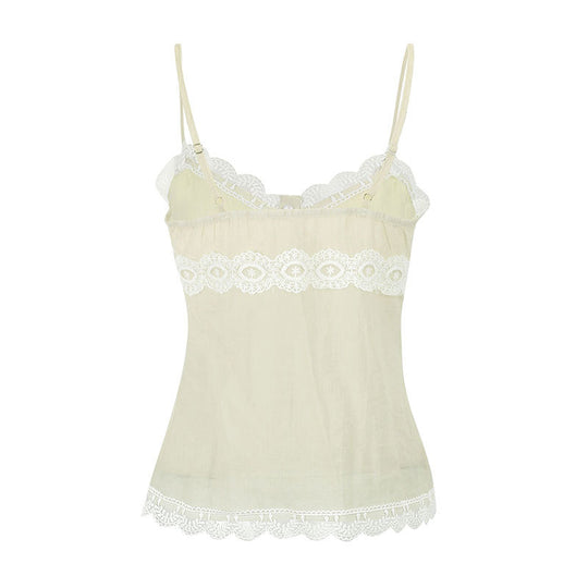 Damen Spaghettiträger Bluse mit Spitzenakzenten und Knopfdetail R&B