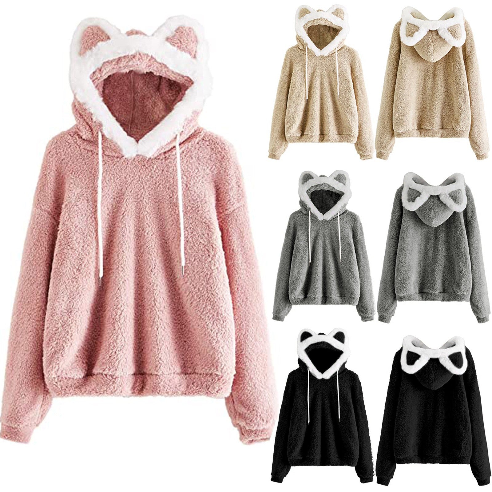 Damen Gemütlicher Kapuzenpullover mit süßem Ohren-Design und kuscheligem Fleece R&B