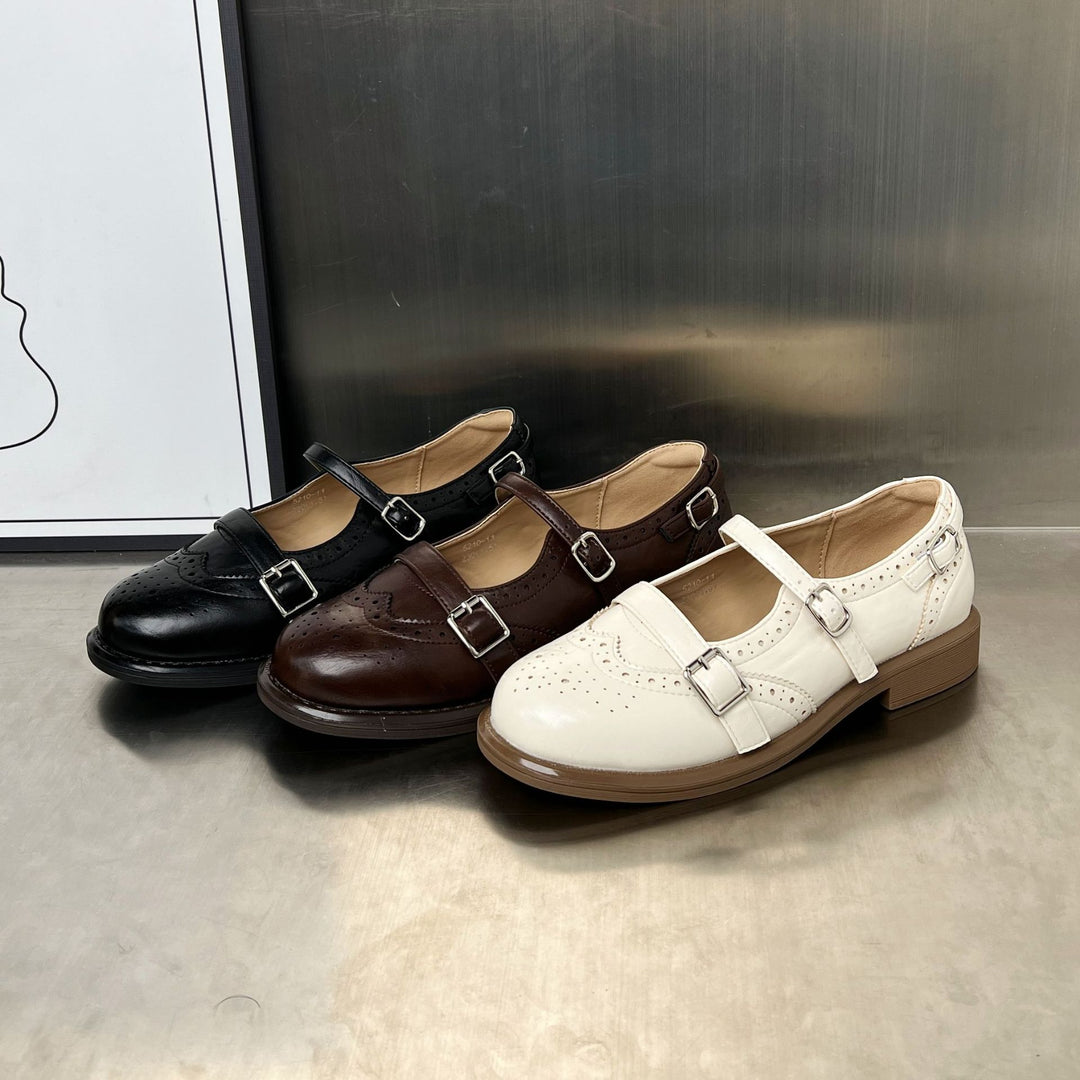 Damen elegante Ballerinas mit doppeltem Riemenverschluss und dekorativem Lochmuster R&B