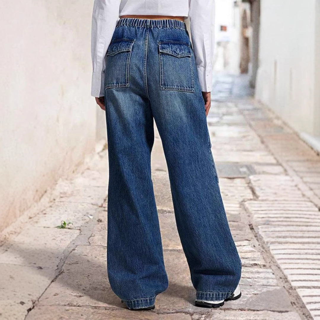 Damen Weite Denim-Hose mit elastischem Bund und hohen Taschen R&B