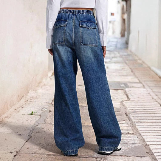 Damen Weite Denim-Hose mit elastischem Bund und hohen Taschen R&B