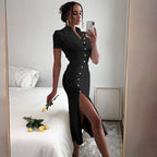 Damen Midi-Kleid mit Knopfdetail und seitlichem Schlitz R&B