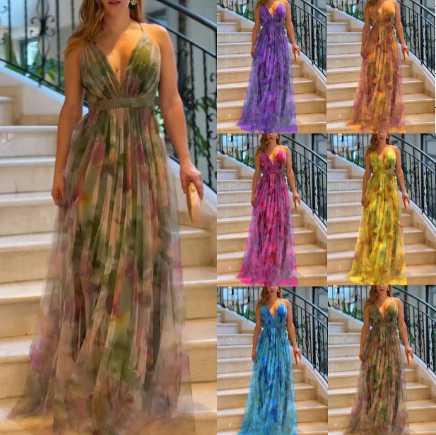 Damen Maxikleid mit tiefem V-Ausschnitt und fließendem Chiffon R&B