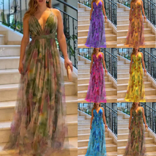 Damen Maxikleid mit tiefem V-Ausschnitt und fließendem Chiffon R&B
