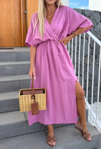 Damen lässiges Maxi-Kleid mit tiefem V-Ausschnitt und elastischem Taillenbund R&B