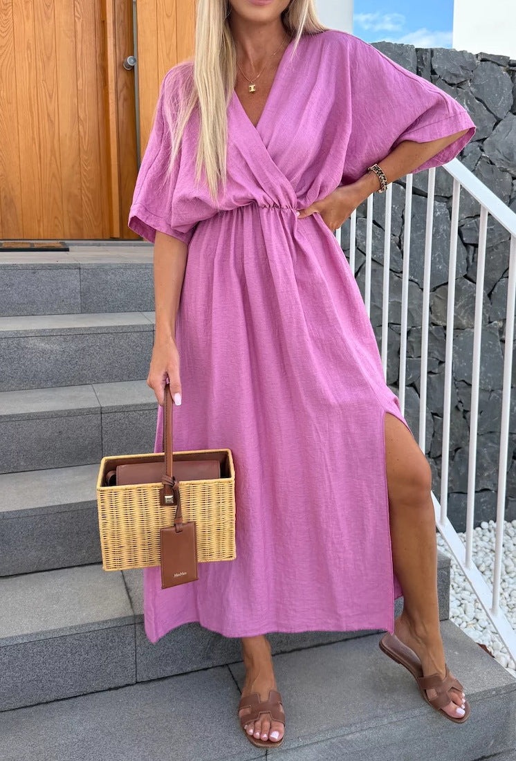 Damen lässiges Maxi-Kleid mit tiefem V-Ausschnitt und elastischem Taillenbund R&B