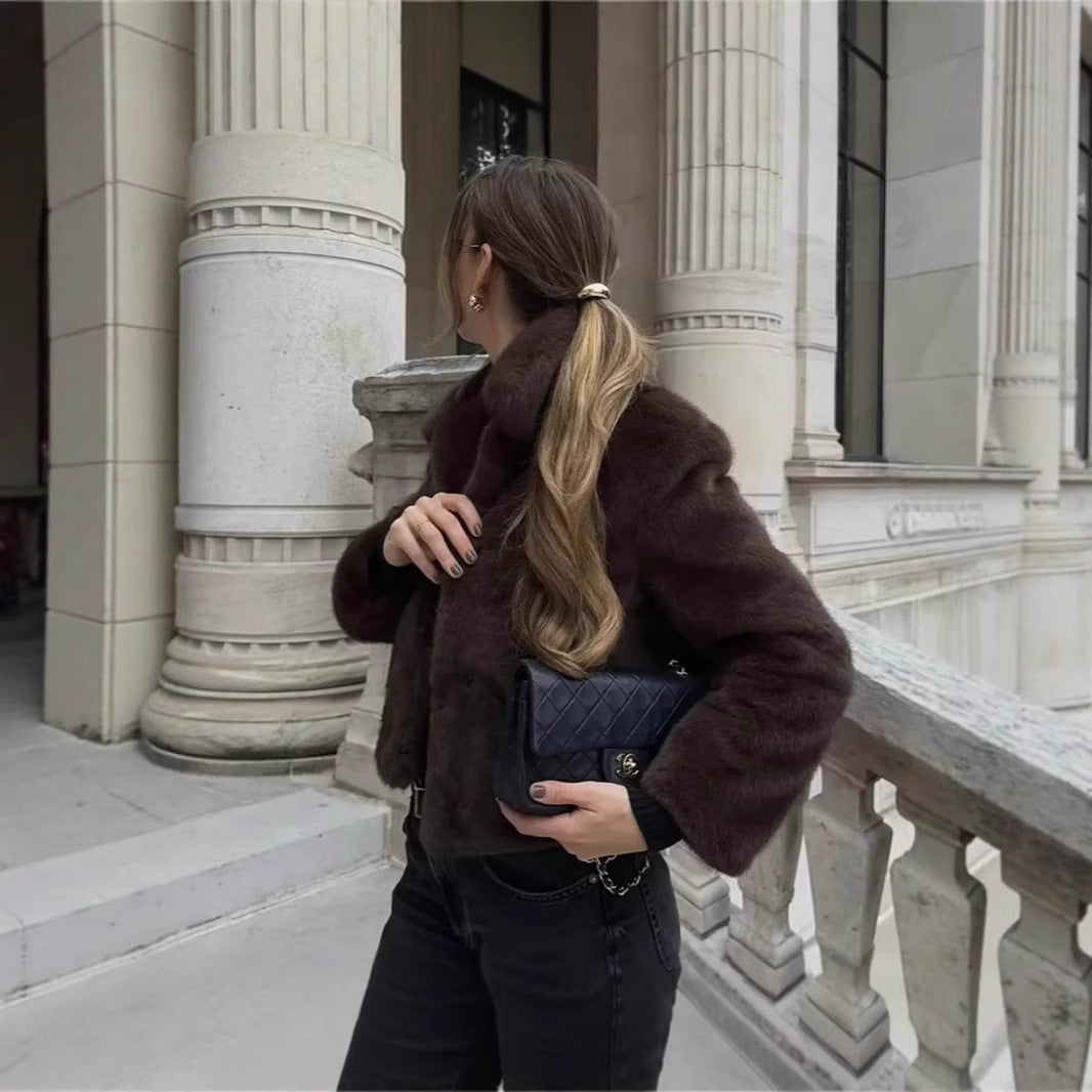 Damen Flauschige Kunstfelljacke mit elegantem Kragen und offenem Schnitt R&B