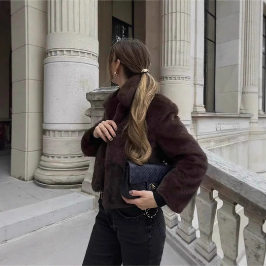 Damen Flauschige Kunstfelljacke mit elegantem Kragen und offenem Schnitt R&B